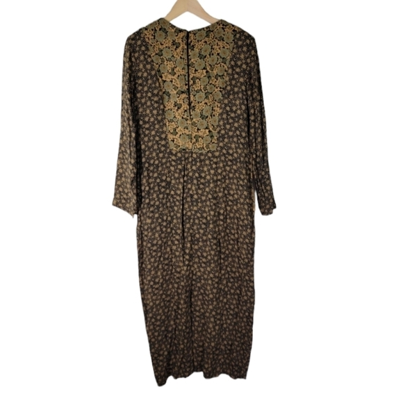 VTG CAROLE LITTLE Maxi Dress Sz 12 Black/Yellow Floral Long Sleeve Back Slit - Picture 2 of 12